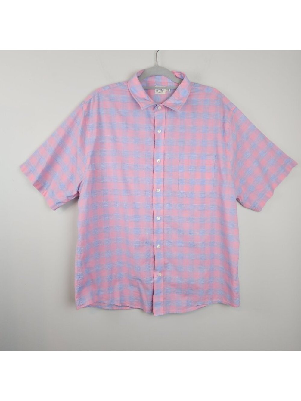 Faherty Monterey Short Sleeve Plaid Shirt sz XXL Pink Blue Linen Blend